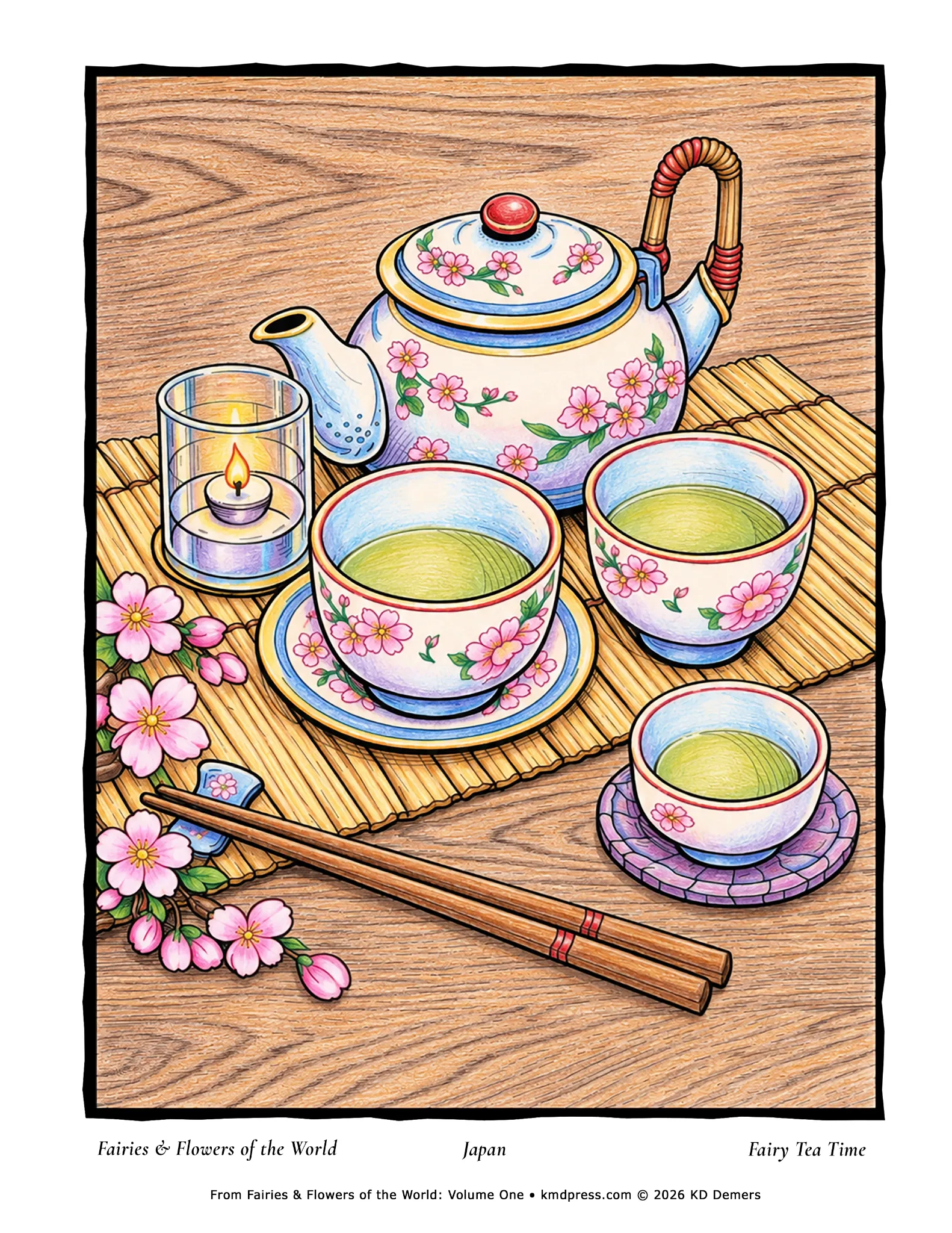 Japanese Tea Time coloring page completed with cherry-blossom pink, green tea, blue and gold ceramics, and warm wood tones