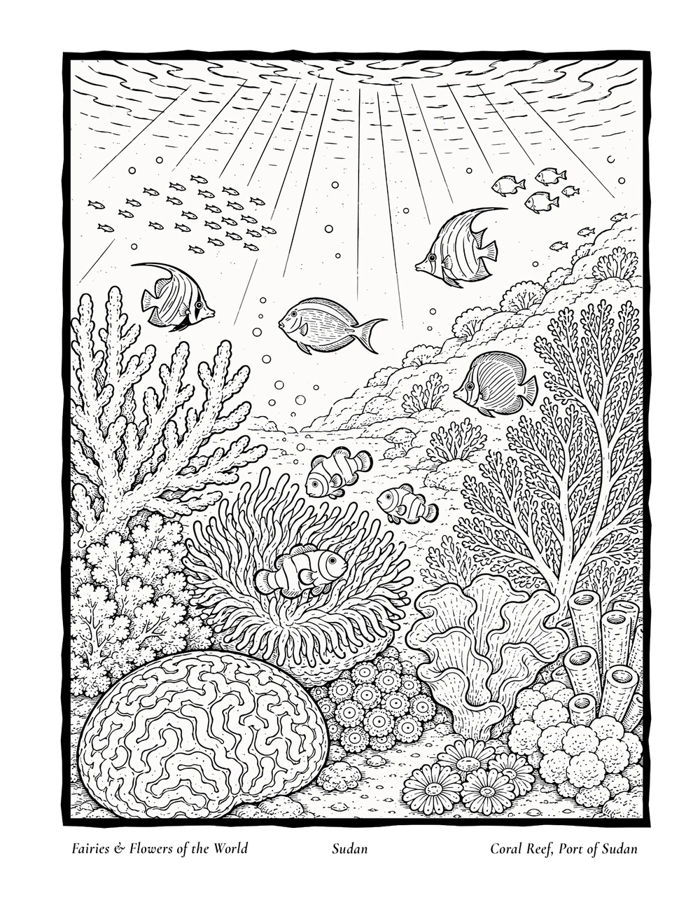 Coral Reef Port Sudan coloring page with tropical fish and underwater details
