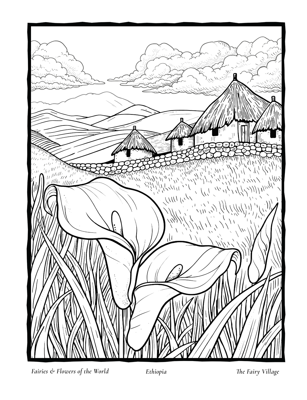 A fairy village, an interior coloring page inspired by Ethiopia's Calla Lily