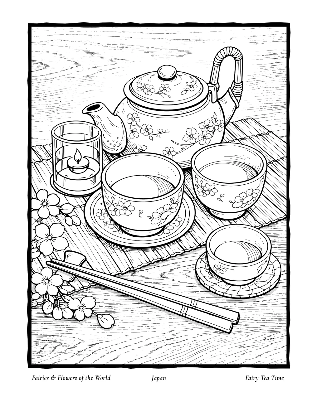 Fairy Tea Time coloring page inspired by Japan and cherry blossoms