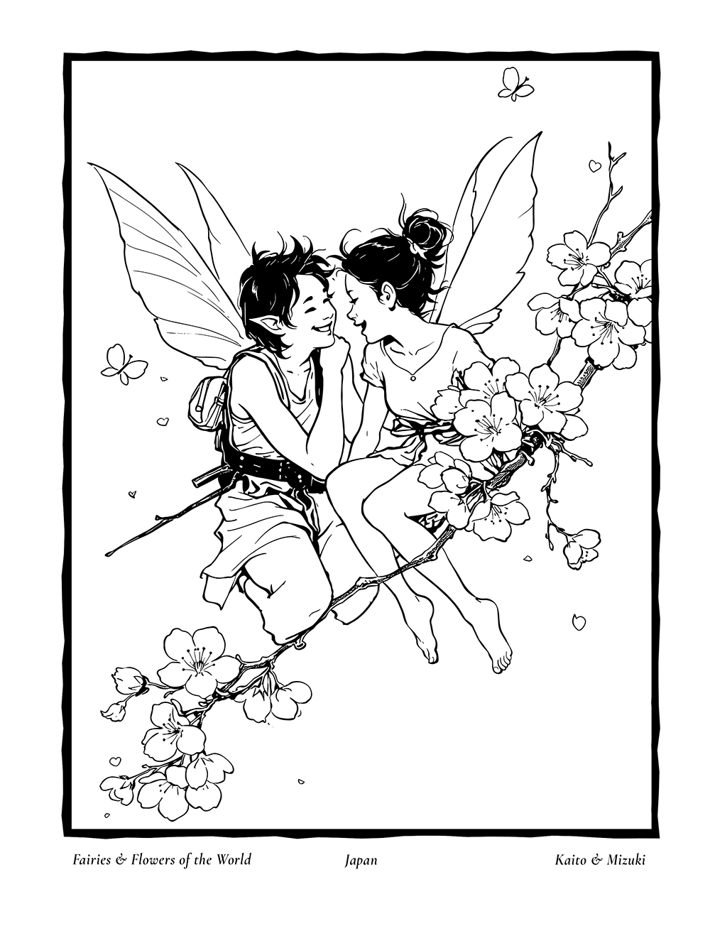 Kaito and Mizuki, an interior coloring page inspired by Japan's Cherry Blossom