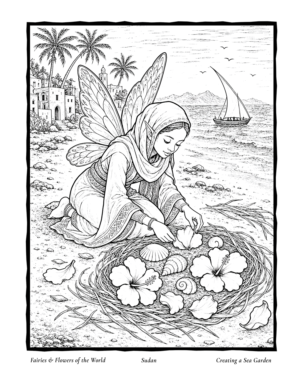Making a sea garden, an interior coloring page inspired by Sudan's Hibiscus