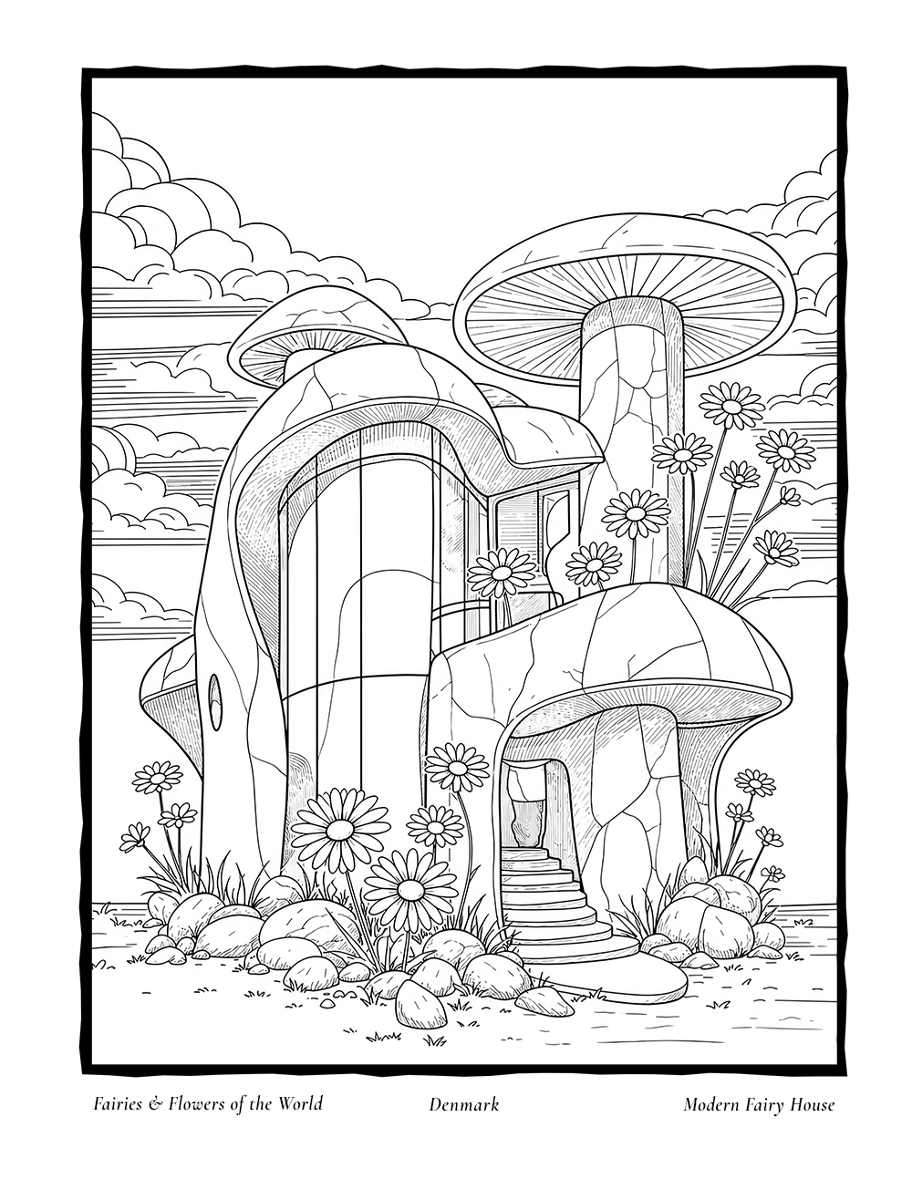 A modern fairy house, an interior coloring page inspired by Denmark's Marguerite Daisy