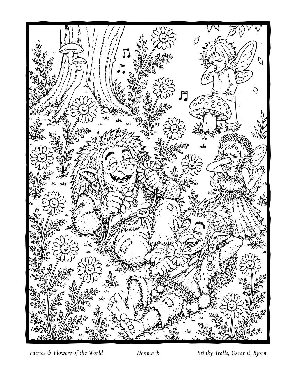 Stinky trolls, an interior coloring page inspired by Denmark's Marguerite Daisy