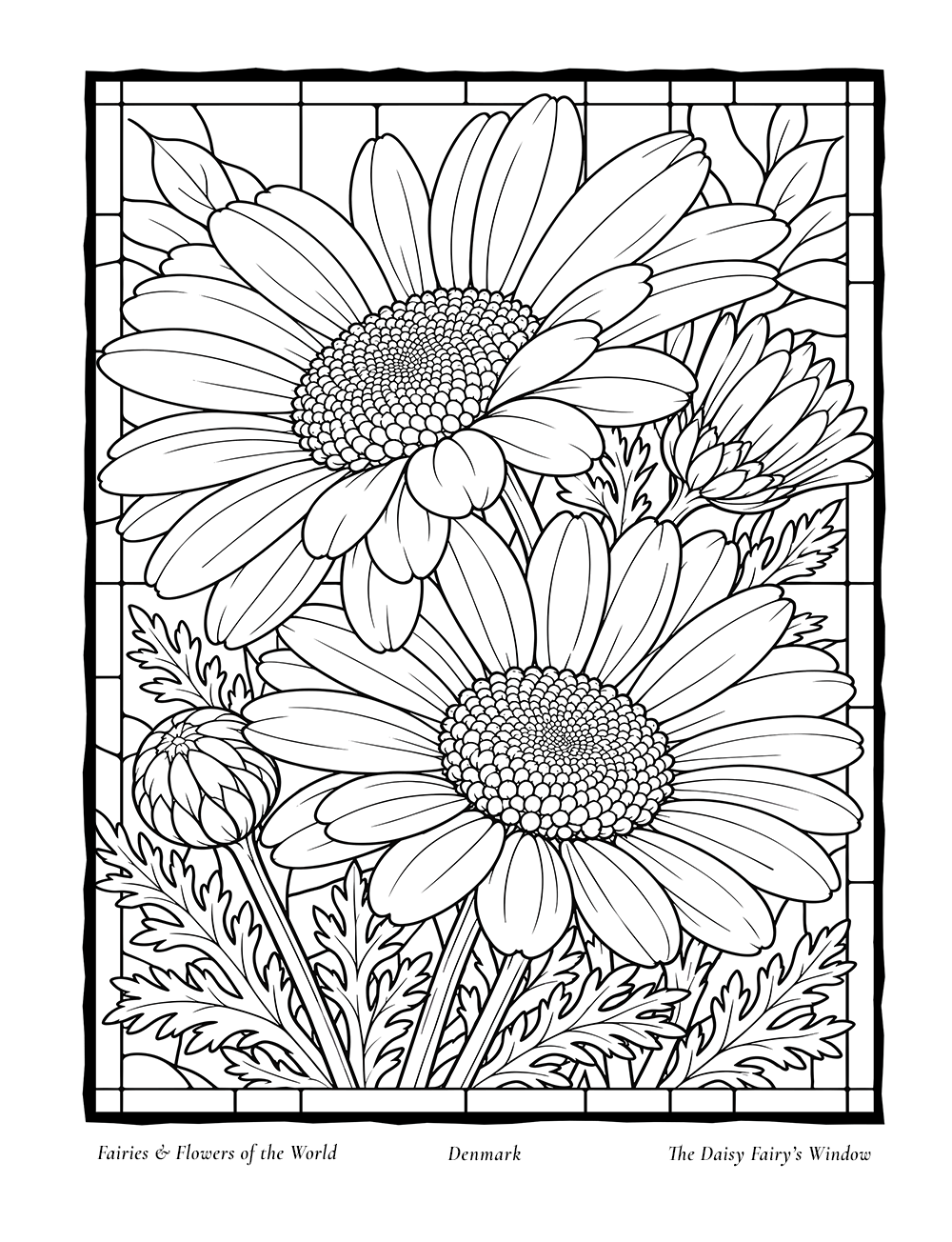 The Daisy Fairy's window, an interior coloring page inspired by Denmark's Marguerite Daisy